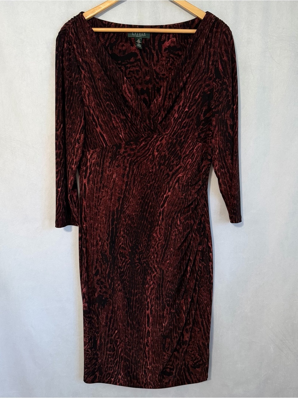 Lauren Ralph Lauren Dress Womens 14 Red Animal Print Jersey Wrap Sheath Ruched